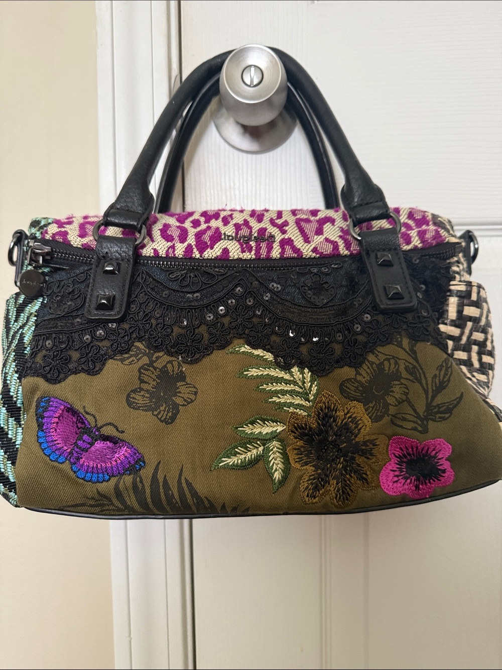 Desigual Embroidered Floral & Butterfly Satchel - Olive, Black & Pink